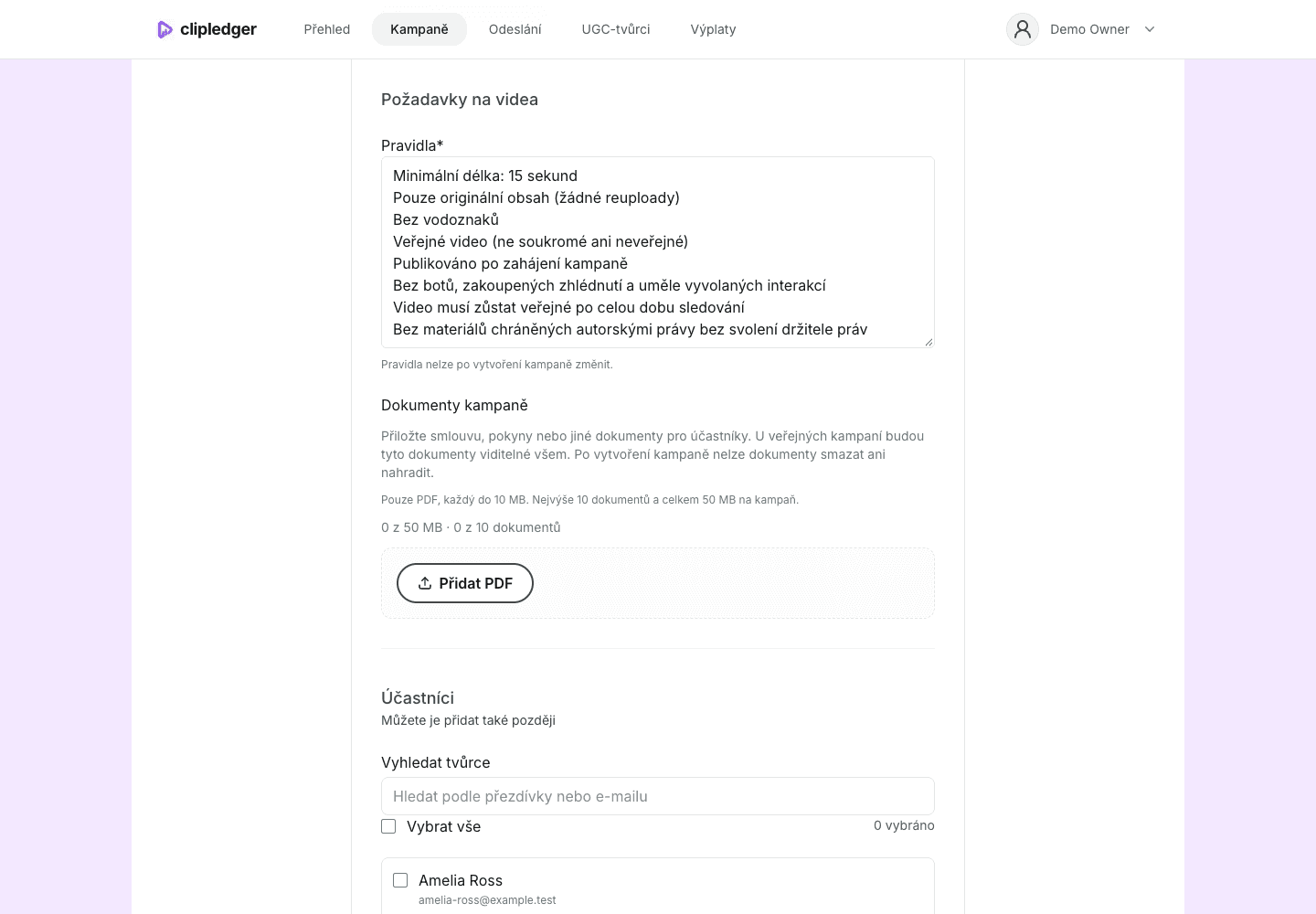 Požadavky na video: pravidla kampaně a nahrávání dokumentů PDF.